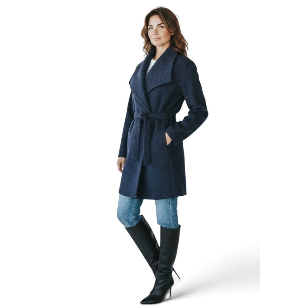 Soft Comfy Wrap Coat Womens Navy Blue Excellent Draped Collar Tie Waist
